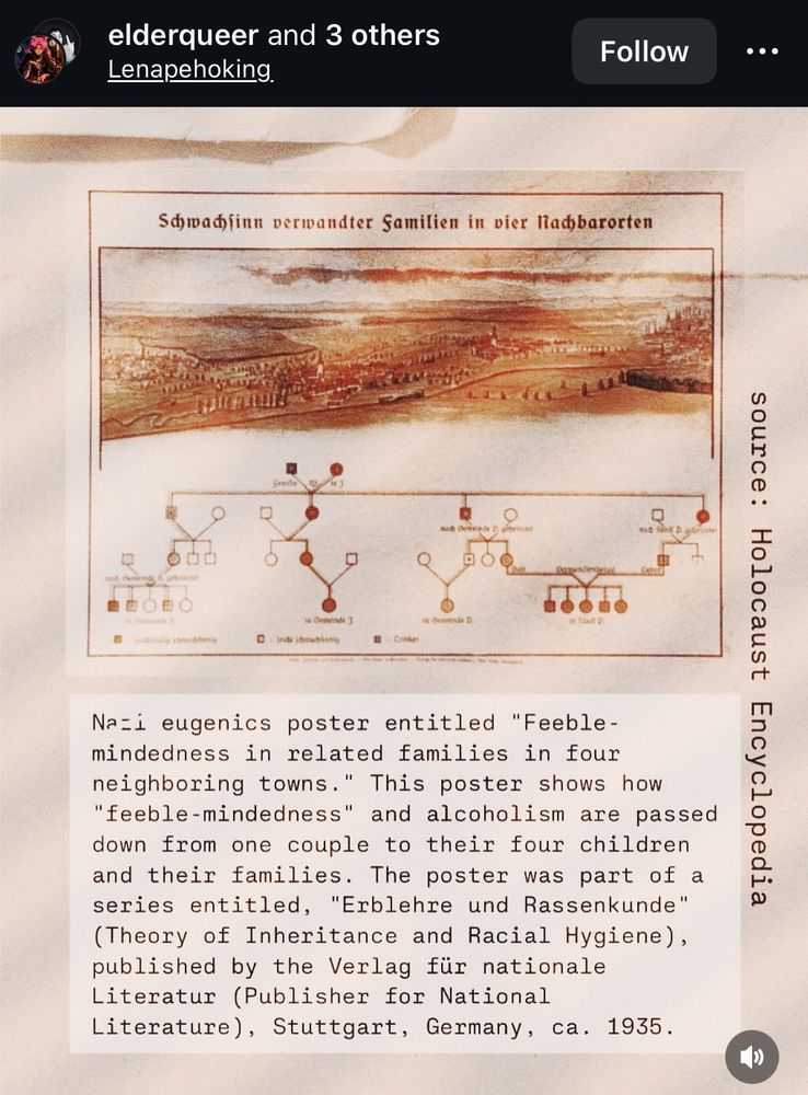 Mostly white background with some lab data and images of a city/town. The text below says not the eugenics poster, entitled, feeble mindedness and related families in four neighboring towns. This poster shows how feeblemindedness and alcoholism are passed down from one couple to their four children and their families. The poster was part of a series, entitled, “Erblehre and Rassenkunde” (Theory of inheritance and racial hygiene), published by the publisher for national literature, Stuttgart, Germany, 1935.”}