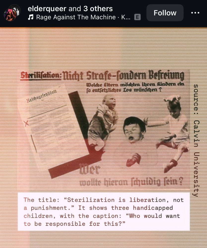 {Another propaganda poster with black, reddish light brown, and white and tan background with font that reads “The title: sterilization is liberation not a punishment. It shows three handicap, children, with the caption who would want to be responsible for this?”}