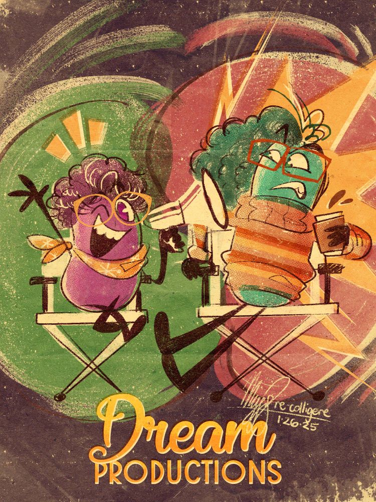 a poster-like illustration of Paula and Xeni from Dream Productions. They're both sitting on their own director chairs. Paula is talking loudly while winking at the viewer. She's holding a megaphone right at Xeni's face. Xeni reacts appropriately: he's leaning backwards with an annoyed look on his face. He's holding onto the arm of his chair with one hand while holding a coffee cup in another. A self-made "Dream Productions" logo is placed underneath the two directors.