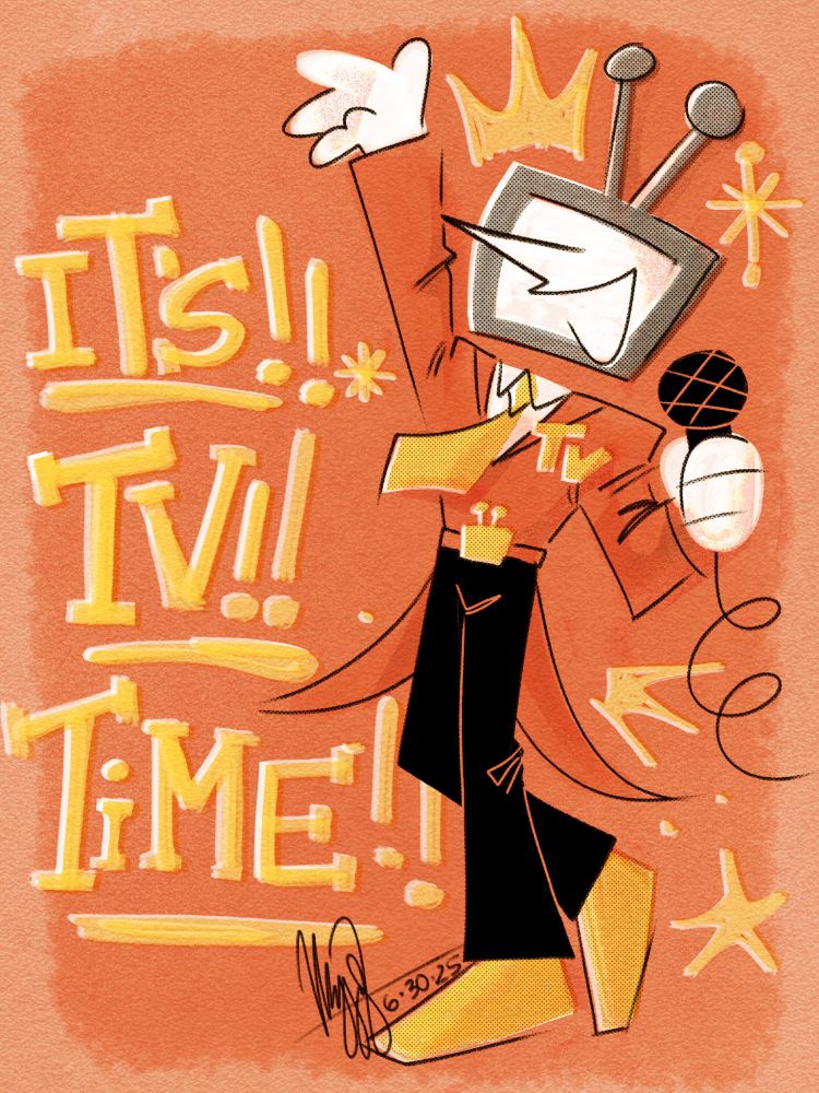 A retro-style illustration of Mr. Tenna from Deltarune. He has one arm raised upwards and the other arm holding his microphone. He is shouting the written words, "It's!! TV!! Time!!"