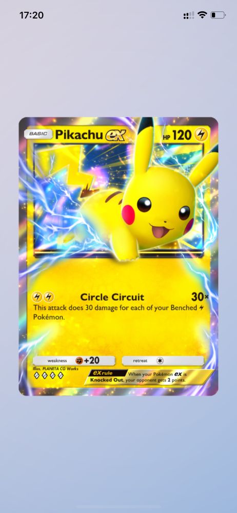 Pikachu ex card from Pokémon TCGP mobile app.