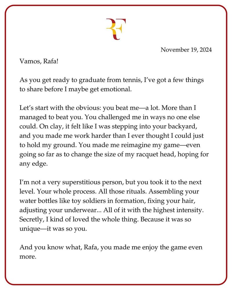 Roger Federer’s open letter to Nadal on the eve of the Davis Cup, Nadal’s last professional tournament. 