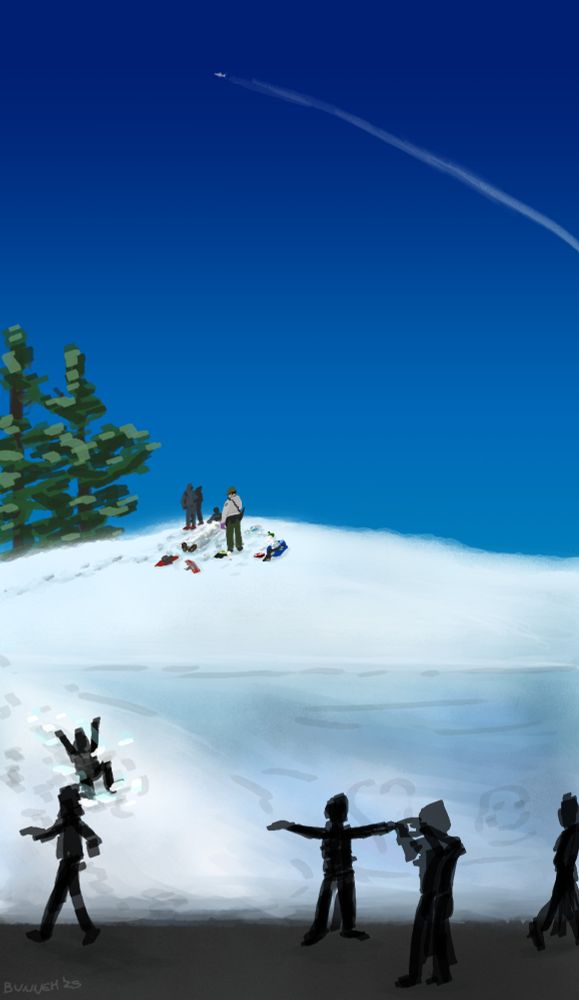 A blue sky with a plane high above with contrails. A ranger and some bystanders are standing over a foil-draped figure. Just the brown boots are exposed. A pair of snow shoes, blue EMS bag, O2 setup, and a green AED lay strewn around the ranger. Shadowy figures oblivious to what is going on on the snow above them walk and play. 