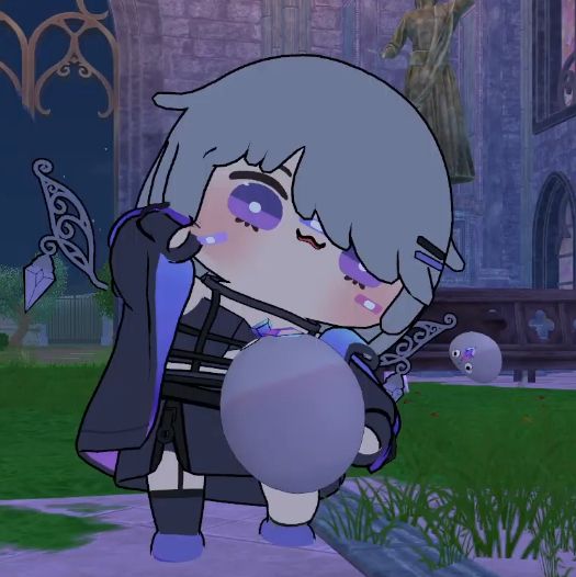 Screenshot of a small Koseki Bijou in VRChat gleefully punching a pebble like we probably deserve