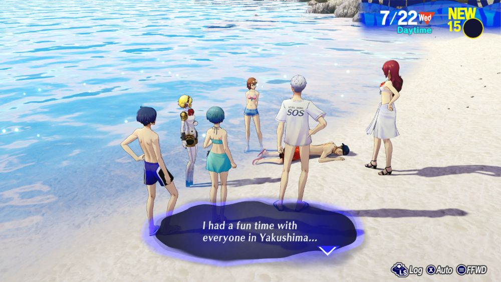 A screenshot from Persona 3 Reloaded with the cast at a beach. The protagonist, Fuuka, Akihiko, Mitsuru, Yukari, and Aigis surround Junpei, who is lying face down.