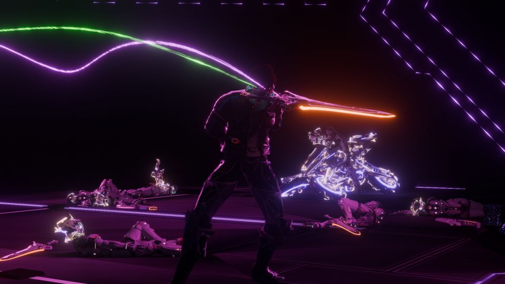 Image shows a 3D render of a Roegadyn woman standing around multiple bodies of Sentries. The woman is holding a sword in her mouth and is dressed in somewhat futuristic cyberpunk jacket with an earpiece and dark blue metal leg braces and pants. A green and purple light trail emits from her eyes, matching her green and purple pupils respectively. 

The bodies around her are all in states of robotic malfunction and spark with electricity. Weapons lay around the bodies, ranging from laster pistols to swords. The Roegadyn woman holds one of the fallen swords in her mouth, presumably used to dispatch of the sentries. 

A specific sentry is slumped over a 4 wheeled motorcycle, which is also disabled and buzzing with arcing electricity. All the sentries have screens on their helmets, which have become glitched. The environment is dark and lit with purple lighting and purple lines running through futuristic metal flooring.