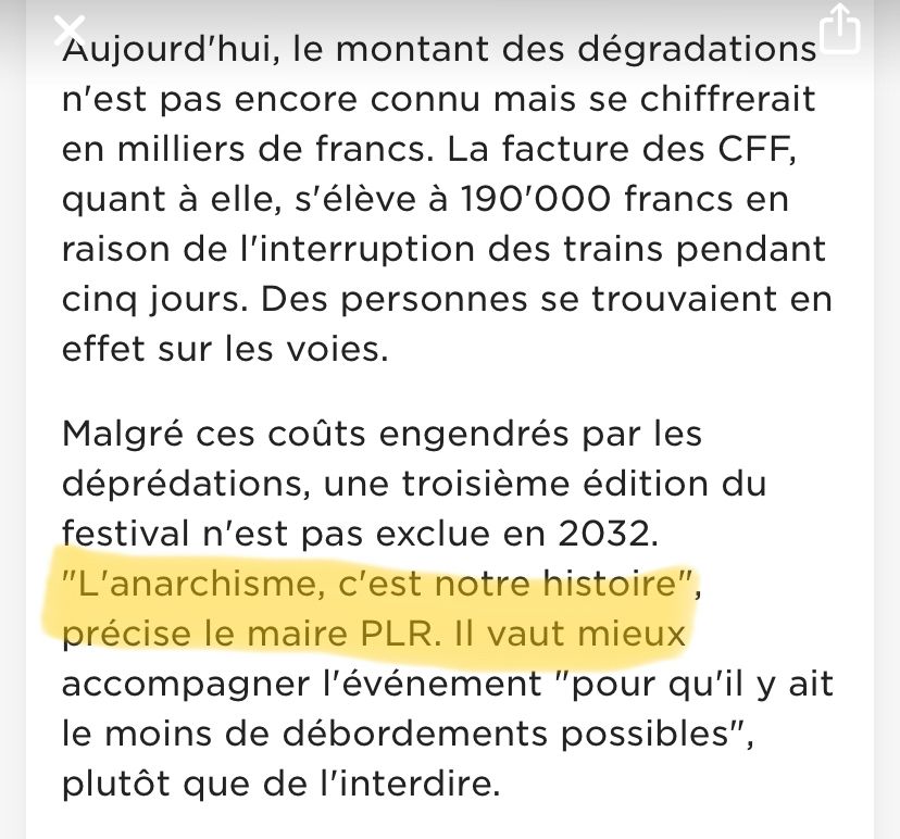 Dans un article de RTSinfo, le maire PLR affirme que « l’anarchisme, c’est notre histoire ».