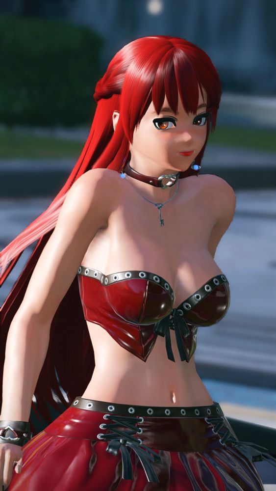 My type 2 human character in PSO2 leans backward against a table wearing a red leather bikini top and red leather skirt with black trim.