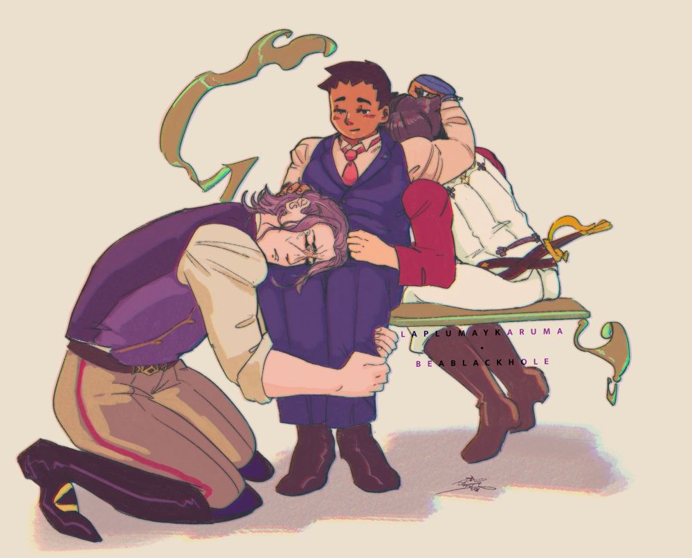 Dibujo de Barok, Ryuunosuke y Kazuma, del The Great Ace Attorney. Ryuu está en el centro, consolando a ambos, sentado pero erguido y con gesto triste pero amable. Kazuma se sienta a su derecha y nos da la espalda, se apoya en el hombro dd Ryuu. Barok está de rodillas y se abraza llorando a las piernas de Ryuunosuke. Apoya la cabeza en su regazo.
Los tres visten una versión con chaleco y camisas de mangas abullonadas de sus trajes habituales.