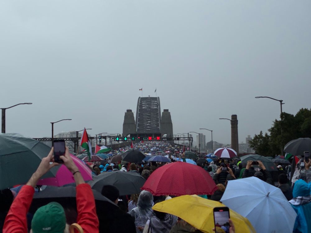 there are tens of thousands of people filling a several lane road going over the sydney harbour bridge (centre of frame). it is raining heavily, and most people are wearing raincoats or using umbrellas. there are several palestinian flags being waved.