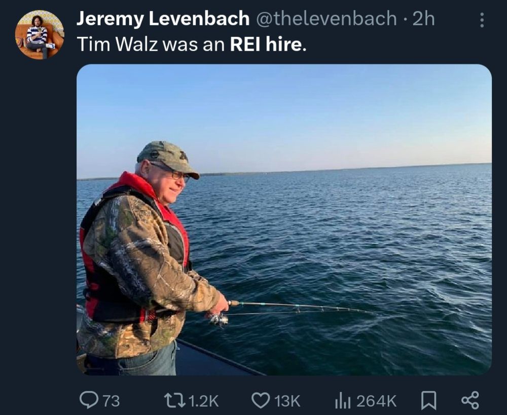 a photo of Tim Walz fishing captioned "Tim Walz was an REI hire"