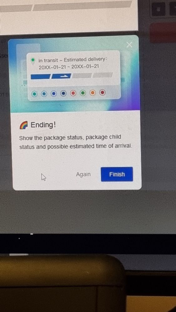 A photo of a computer screen. An open pop-up window shows the text "show the package status, package child status and possible estimated time of arrival" under a blue, purple and white graph. The Website depicted is of a package tracking service. 