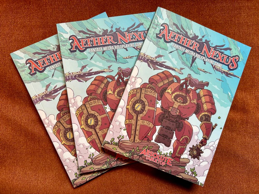 Three copies of Aether Nexus, a fantasy mecha roleplaying game 