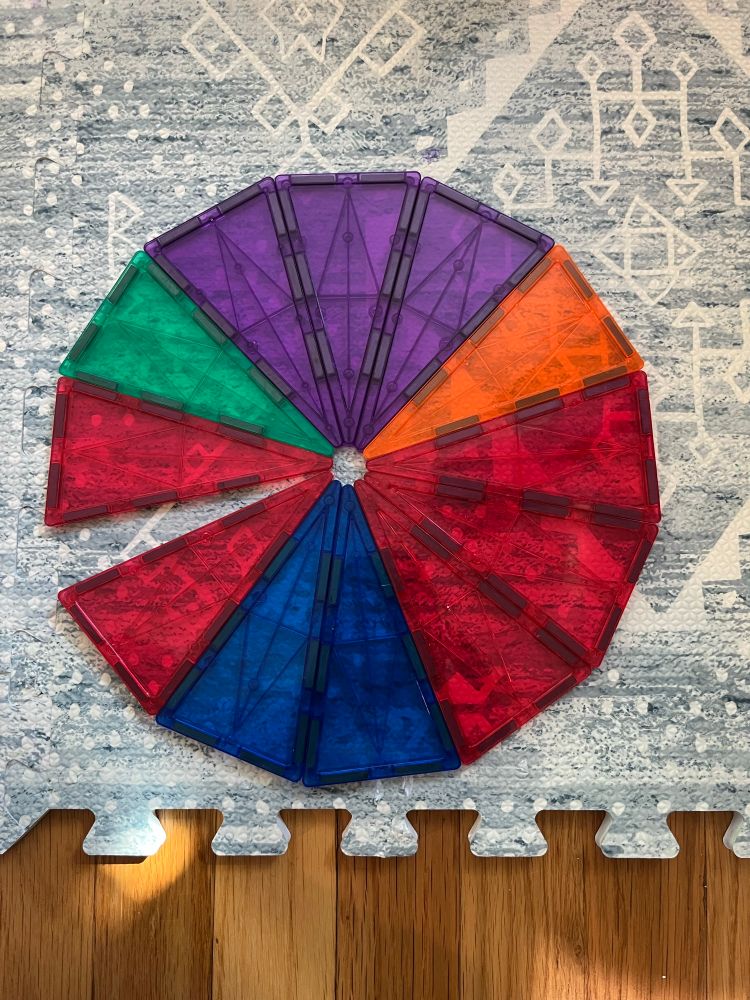 Magnetic tiles for children, isosceles triangles arranged in a circle, except there is a small gap where you couldn’t fit another one of the tiles. 