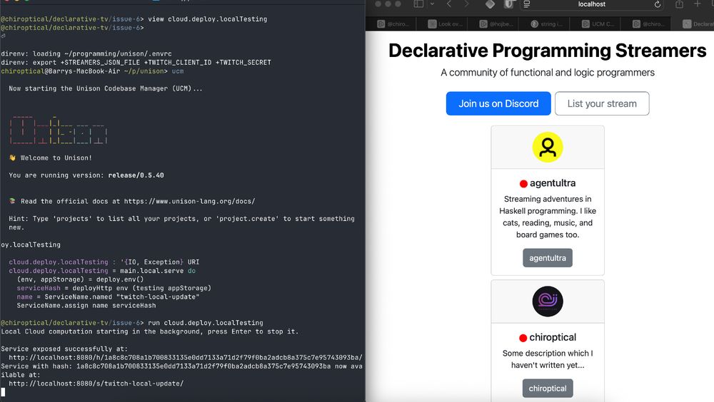 Left: unison ucm console serving my HTML page
Right: a basic design for a new declarative.tv page with some mock data