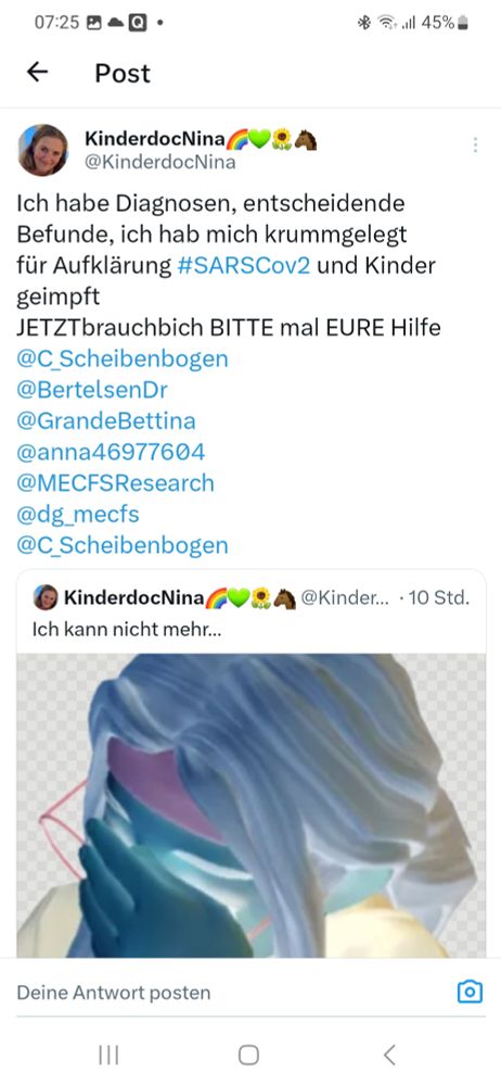 Kinderdorf Nina, sehr aktiv auch in Sachen Covid-Aufklärung und Impfung, schreibt auf X, dass sie Hilfe braucht. Das Bild ist ein Screenshot.