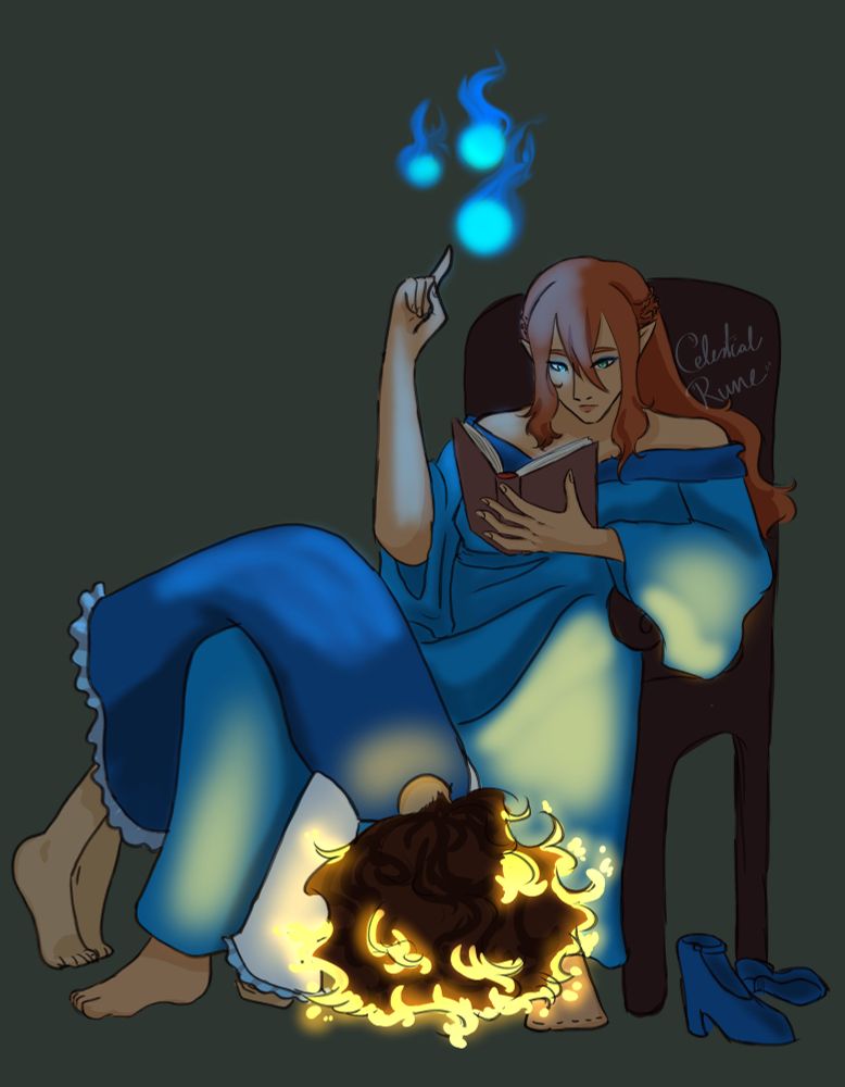 Two people are in this scene, a mother and her child. the child is a fire genasi. Her hair lights up at the ends like fire. She is bent over her mother's knee, just hanging out. Meanwhile her mother is reading a book whilst casting dancing lights. Her mother had long ginger hair and turquoise eyes.
Both are dressed in blue dresses.