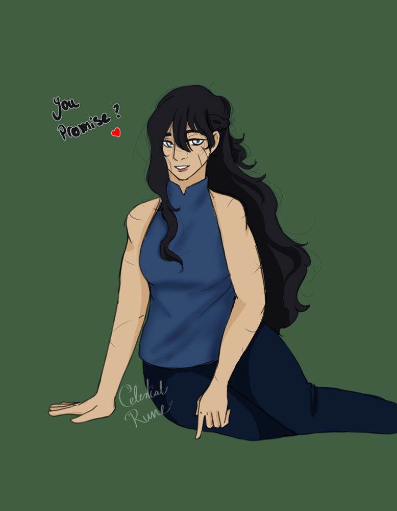 A woman with messy black hair sits on the ground. She has smudged lipstick on her lips from kissing someone. She is smiling as she says "You promise?"