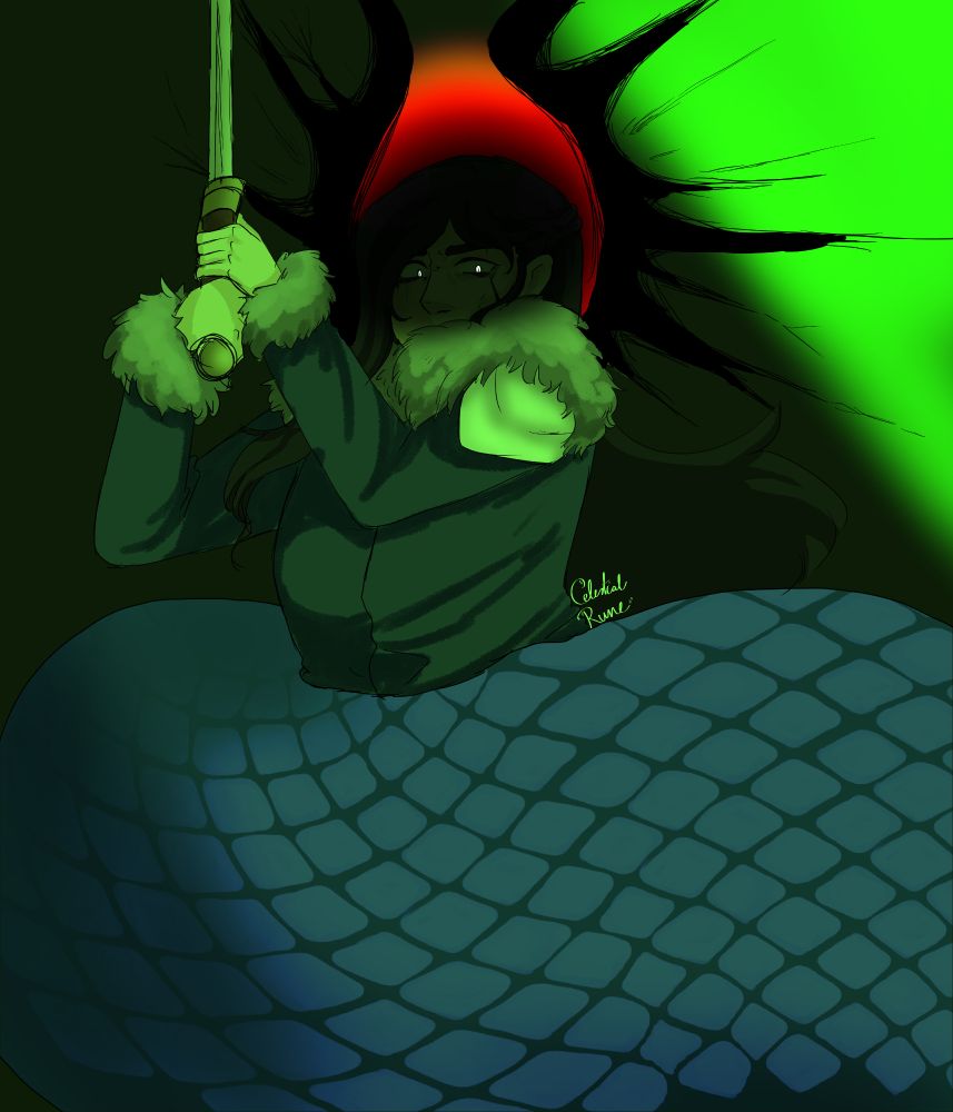 A woman holding a sword aloft while grappled in the scales of a behir. She is an Aasimar with her necrotic shroud open, a red light emanates from behind her, caught between her tattered wings. She had long black hair, her eyes are iridescent and glow in the shadows cast on her face. A green glow is cast over the entire image.