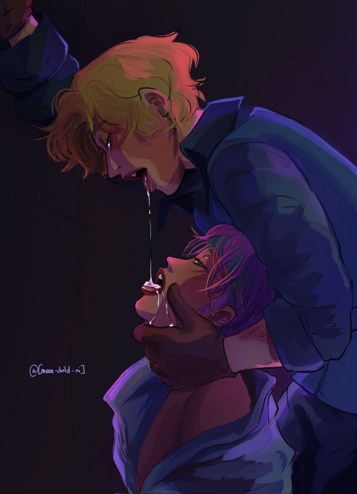 Koby's kneeling but the shot is cut at his bust. Sabo's standing behind Koby, above him tilting Koby's head back to spit on his mouth.