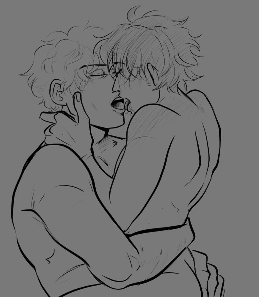 Sketch of koby on sabo's lap, kissing. 