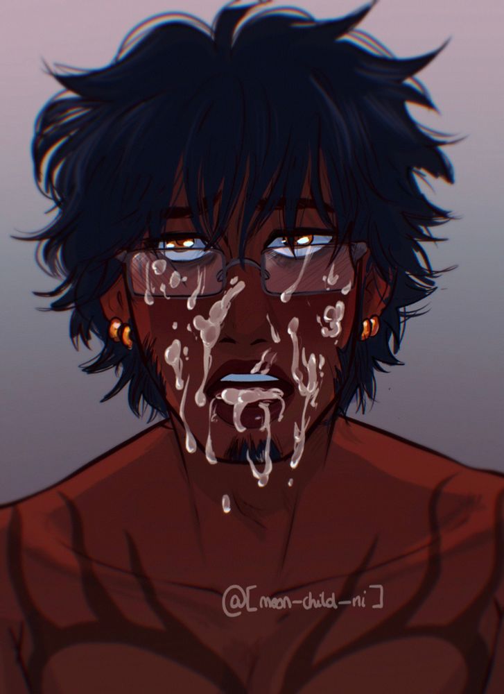 Illustration of Law's bust, topless, looking up to us. There's cum all over his face and on his glasses, his mouth his open with cum on his tongue too. 