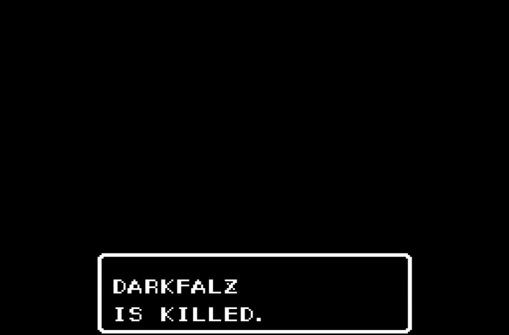 a black screen with a textbox that says "darkfalz is killed"