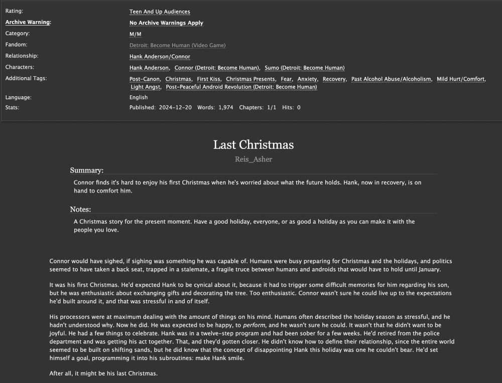 shows the tags for HankCon Christmas story Last Christmas (Rated Teen and Up): post-canon, Christmas, First Kiss, Christmas Presents, Fear, Anxiety, Recovery, Past Alcohol Abuse/Alcoholism, Mild Hurt/Comfort, Light Angst, Post-Peaceful Android Revolution.