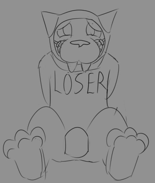 Me in the losersuit, my hands tied behind my back and my bulge and paws on full display
(Don’t ask me how my sona somehow has a bulge despite being null)