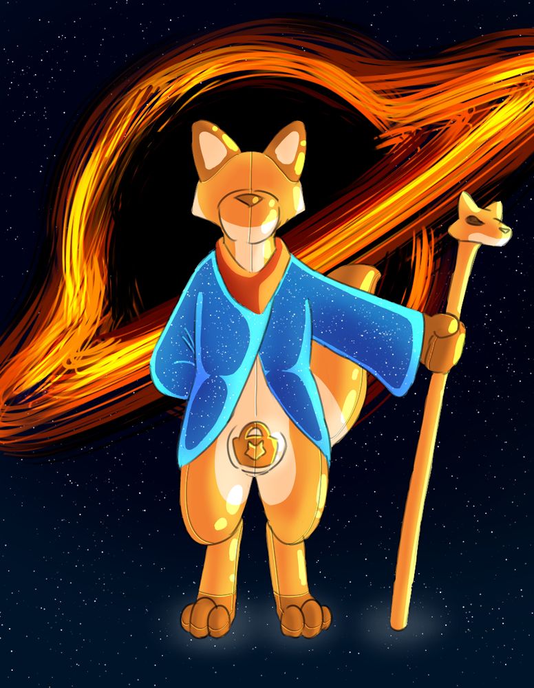 A nullfox in a blue robe and red bandana, one hand behind its back and another holding a shiny staff with a fox head on the end. Its nulge is on full display as it stands in front of a black hole.
