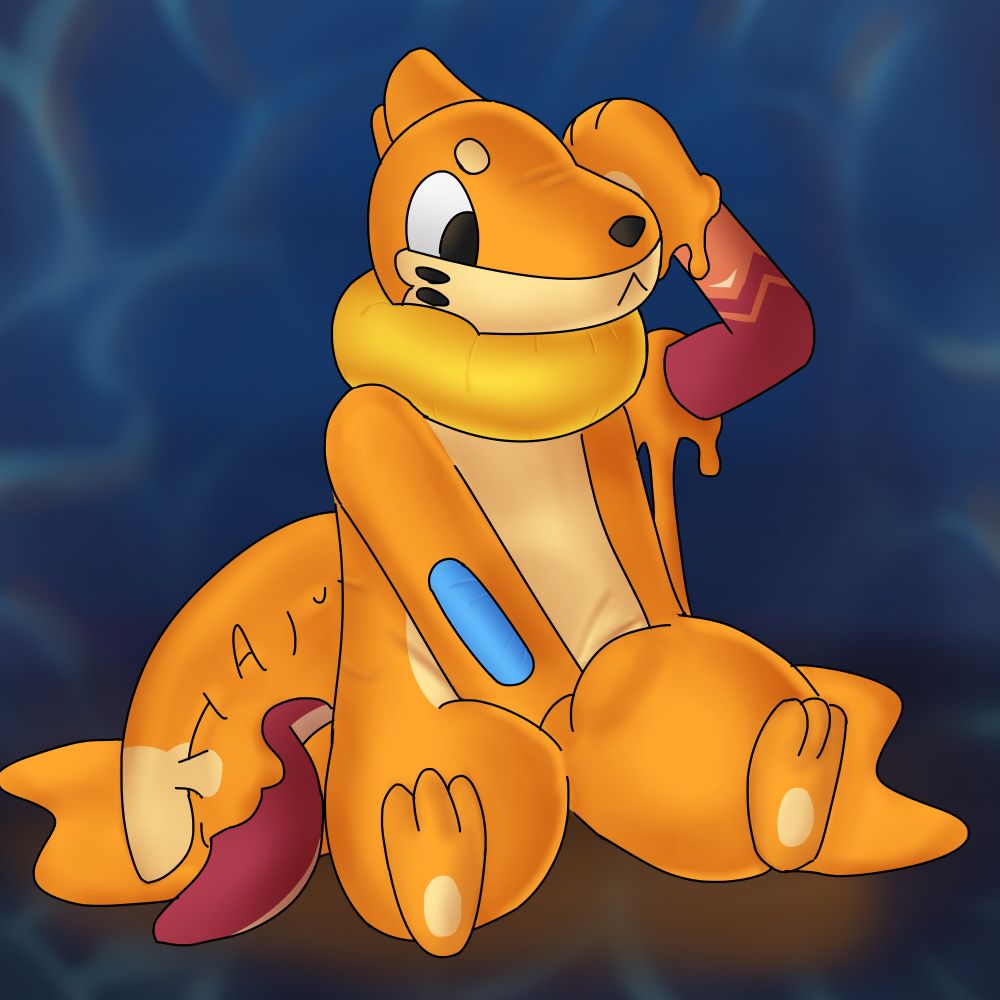 Zed almost completely covered in pooltoy buizel goo, pressing a useless bapper into their crotch