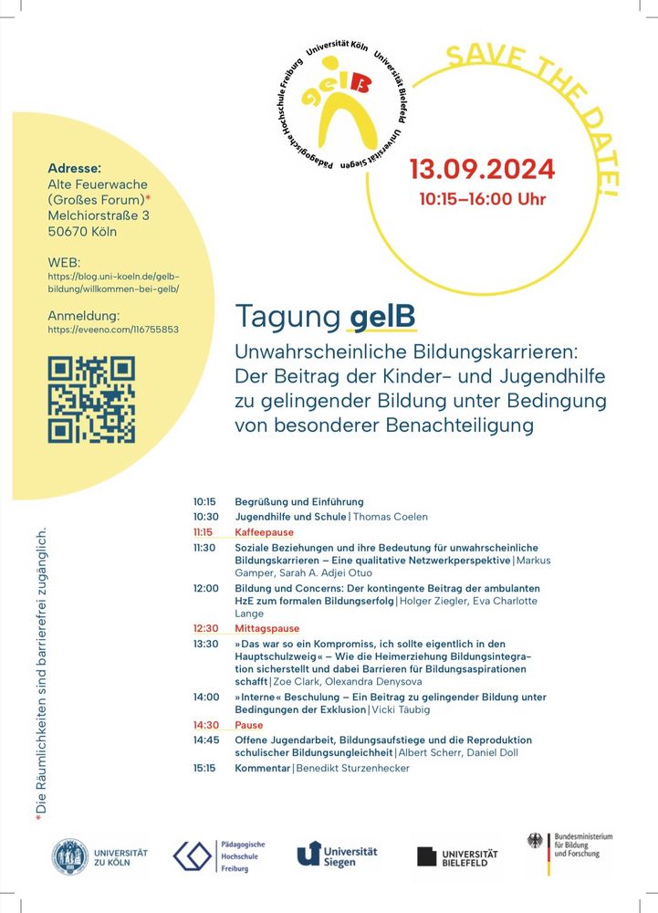 Herzliche Einladung zur Abschlusstagung unseres Verbundprojekts „gelB. Unwahrscheinliche Bildungskarrieren:
Der Beitrag der Kinder-und Jugendhilfe zu gelingender Bildung unter Bedingung von besonderer Benachteiligung“. Das ganze wird am 13.09.24 in Köln stattfinden. Die Anmeldung ist bereits möglich