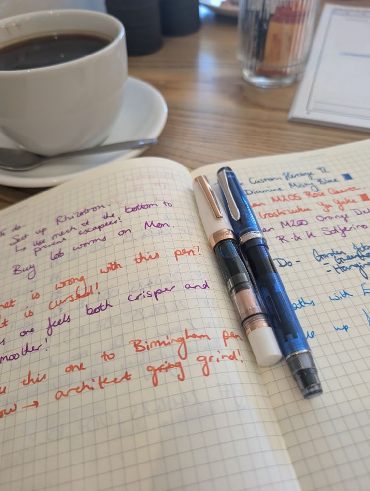 Two fountain pens - TWSBI diamond mini and pilot CH92 - on a notebook with a cup of coffee ☕