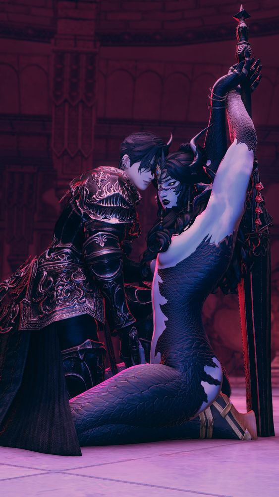 a sappho x zero gpose with sapph leaning against a greatsword stuck on the ground while zero touches her dick while in full plate armor