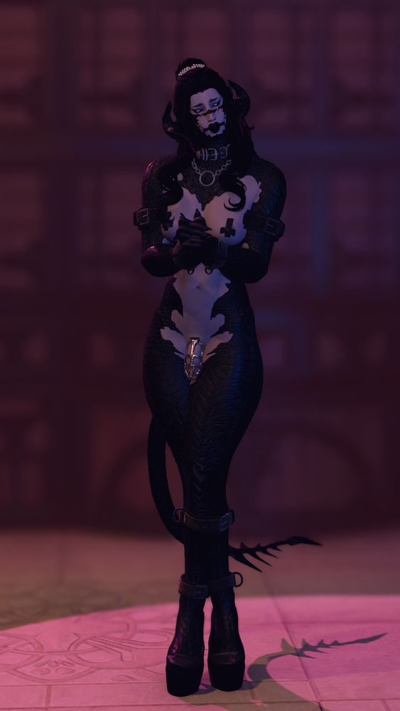 a gpose of my oc sappho with her wrists and ankles bound standing, with a cage on her gock and a ballgag in her mouth