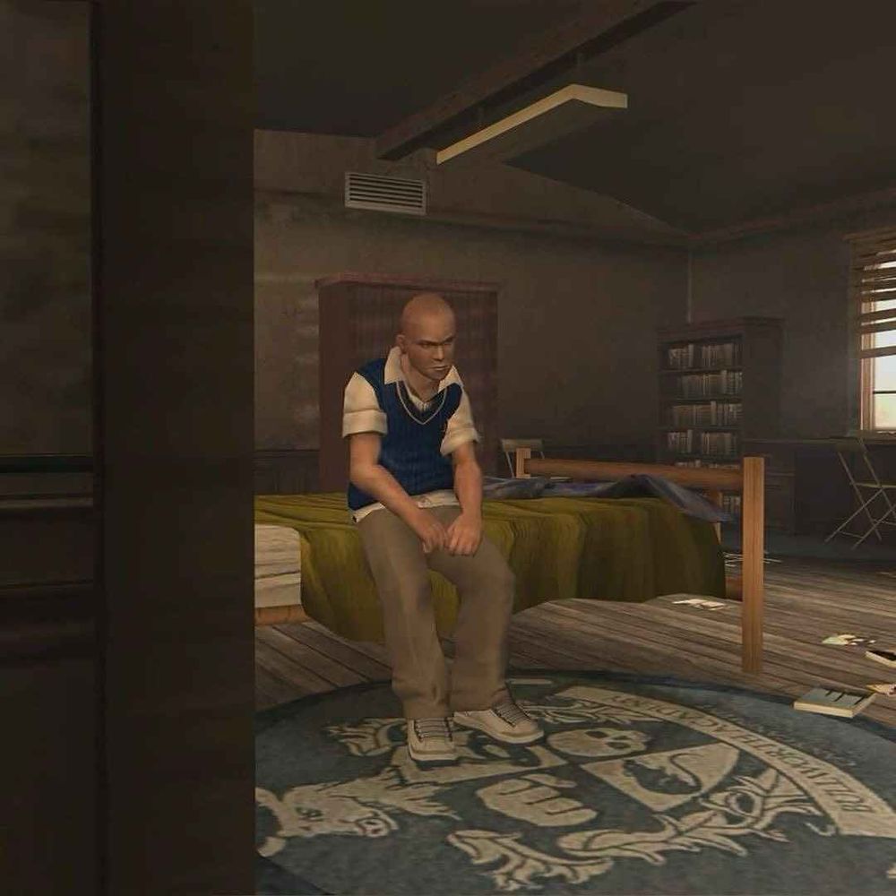 Jimmy Hopkins from Rockstar Games' Bully, sitting on his bed looking tired.
