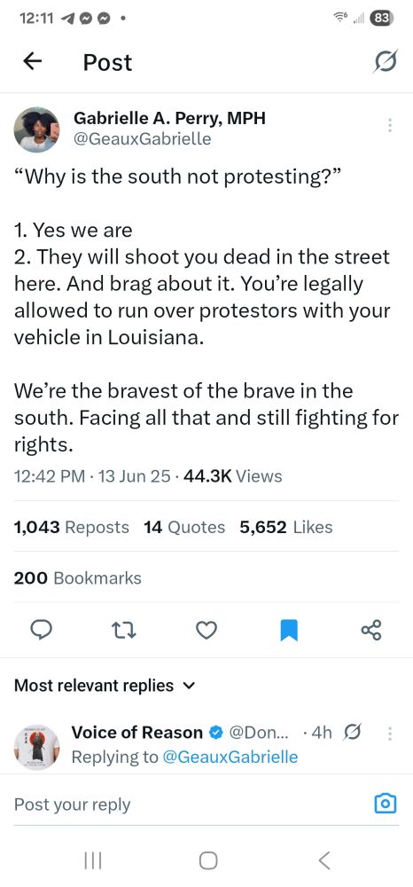 This is a screenshot of a tweet made by Gabrielle A. Perry, MPH
@geauxGabrielle

"“Why is the south not protesting?”

1. Yes we are
2. They will shoot you dead in the street here. And brag about it. You’re legally allowed to run over protestors with your vehicle in Louisiana.  

We’re the bravest of the brave in the south. Facing all that and still fighting for rights."