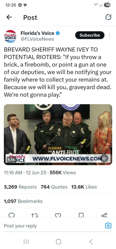 This is a screenshot of a tweet by Flordia's Voice 
@FLVoiceNews

"BREVARD SHERIFF WAYNE IVEY TO POTENTIAL RIOTERS: "If you throw a brick, a firebomb, or point a gun at one of our deputies, we will be notifying your family where to collect your remains at. Because we will kill you, graveyard dead. We're not gonna play."

Under the text is a still photo of Brevard Sheriff Wayne Ivey at a press conference on June 12th, 2025

There is a white banner across the photo at the bottom. In the middle of the banner is says, flvoicenews.com