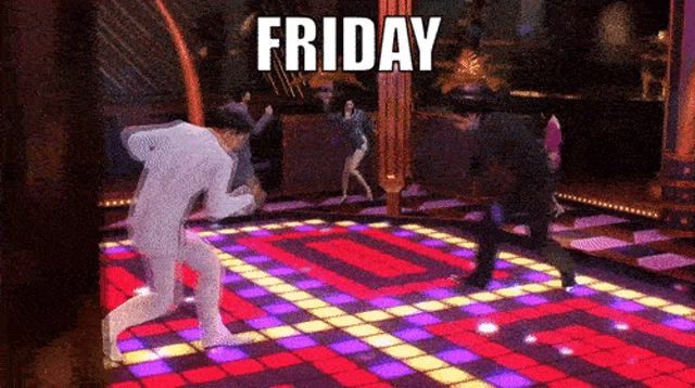 a group of people are dancing on a dance floor with the word friday written above them