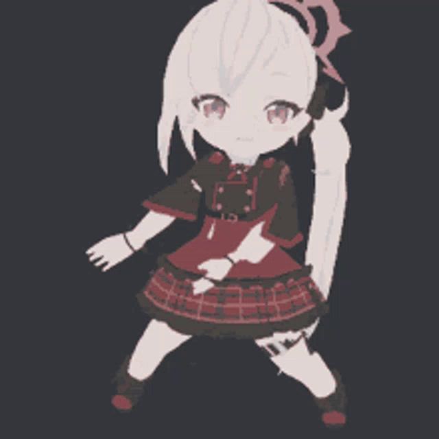 a drawing of a girl with white hair and a plaid dress