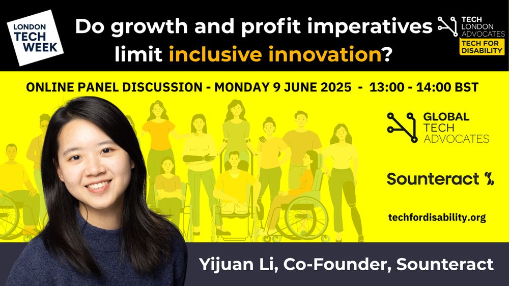 An event poster showing Yijuan Li, Co-Founder Sounteract on an event poster with the title Do growth and profit imperatives limit inclusive innovation?