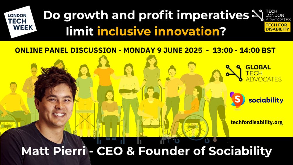 Matt Pierri - CEO and Founder of Sociability on an event poster with the title Do growth and profit imperatives limit inclusive innovation?