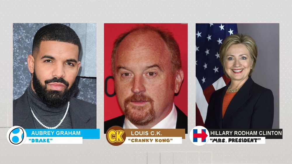 a screenshot of the Super Mario Galaxy Movie cast list revealed in the 11/12/2025 Nintendo Direct, including Aubrey Graham as "Drake", Louis C.K. as "Cranky Kong", and Hillary Rodham Clinton as "Mrs. President"
