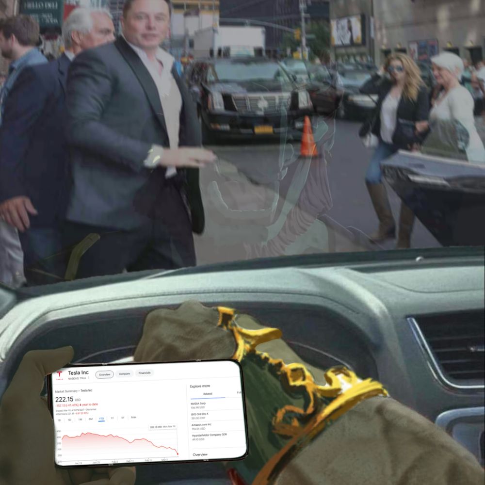 real photograph from the perspective of Ganondorf driving on the sidewalk, too busy excitedly watching Tesla stock prices collapse on his phone to notice a strangely familiar business man step out in front of the speeding car