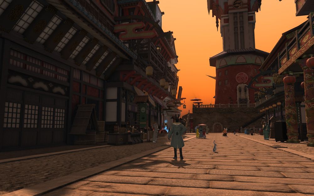 A Japanese themed city at sunset.