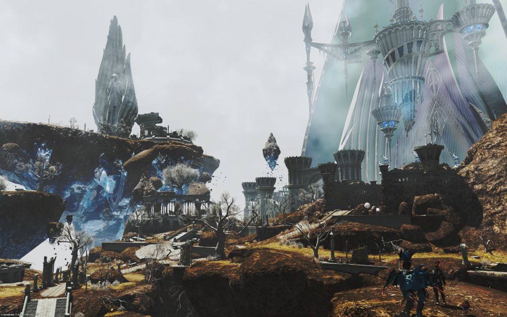 A photo of the Final Fantasy XIV location known as the Churning Mists. Big fantasy structures loom in the distance while floating ground is seen on the lower side of the image. The lower right corner features a player character, a blue chocobo and an Eggplant minion creature.