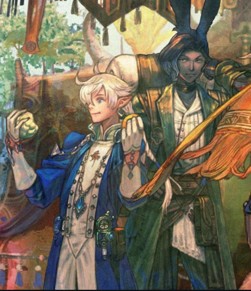 Screenshot of Alphinaud and Erenville from FFXIV. Aphinaud, dressed in blue, is marvelling at two fruits he is holding while Erenville, dressed in green is pointing at his own head.