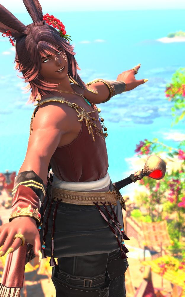 Rava viera character in a red sleeveless top with arms open wide against a vibrant tropical coastal city backdrop.