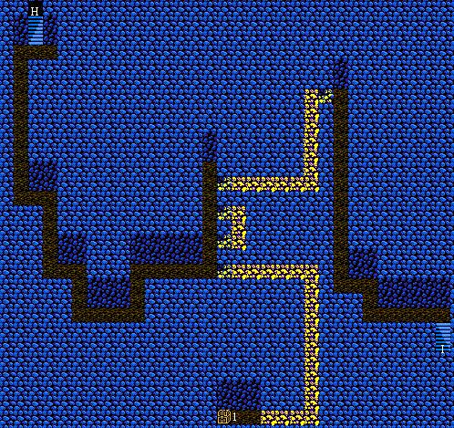 Map of Cave of Darkness from Final Fantasy 3. Blue rocky tiles have a brown dirty path pass through them. A chests is marked in the image with a small number 1 alongside it, a passageway is marked with a letter H.