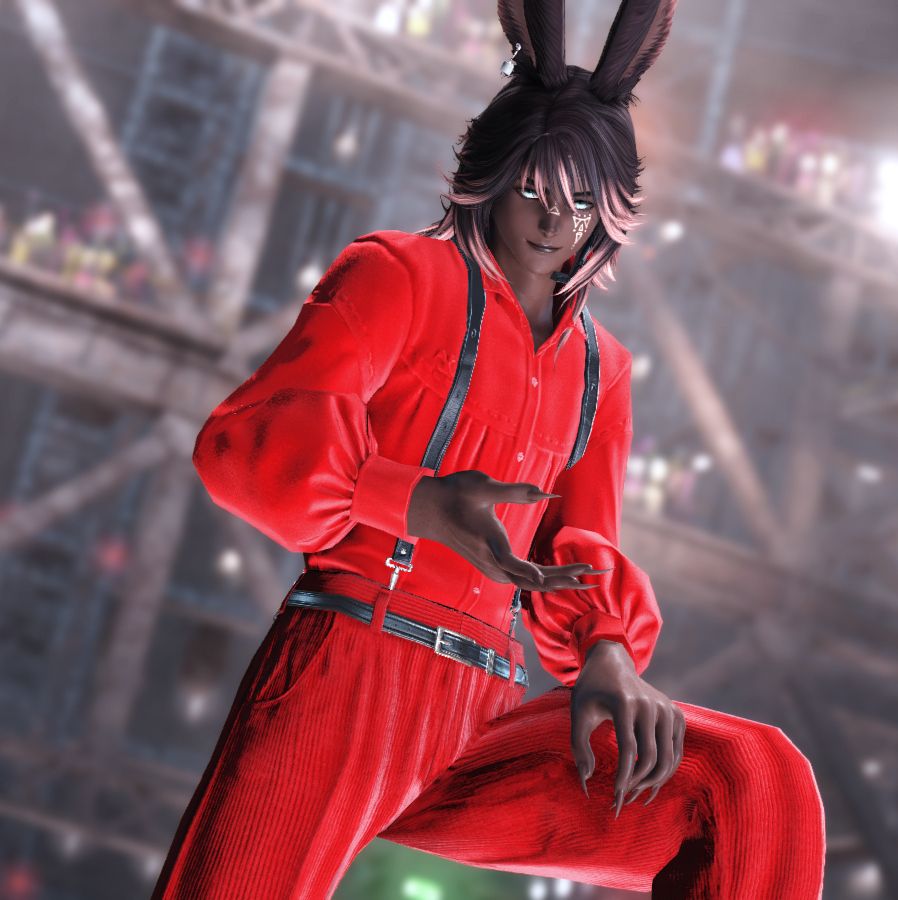Rava viera character in a bright red outfit with black suspenders and a belt.